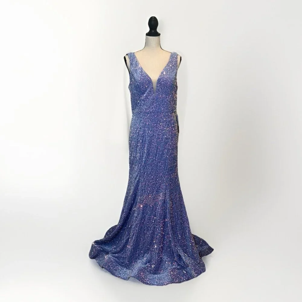 NWT Stacees Dress Women’s 12 Velvet Sequin V-Neck Trumpet/Mermaid Sweep Train - Picture 3 of 11